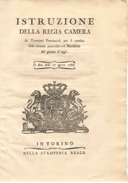 17 Agosto 1787 - Piemonte - Monete - 2 Editti - Stamperia Reale