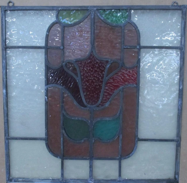 OLD ENGLISH STAINED GLASS WINDOW Unframed w Hooks Colorful Floral 16" x 16.5"
