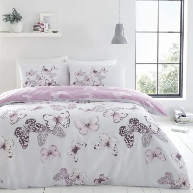 Catherine Lansfield Scatter Butterfly Purple Duvet Covers Grey Quilt Bedding Set