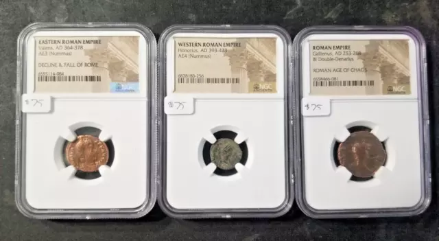 LOT OF 3 NGC ancient Roman Empire Gallienus VALENS AE3 NUMMUS HONORIUS AE4