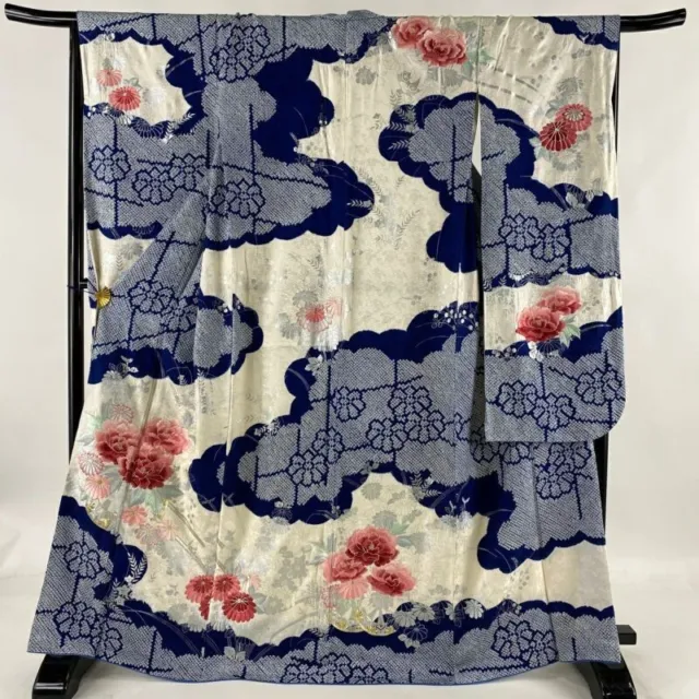 Japanese Kimono Furisode Pure Silk Yamato Frail Embroidery Tie-Dyeing Blue