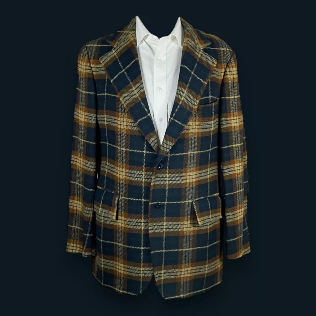 Vintage King Sport Coat Blazer Mens 42L Blue Green Beige Tartain Plaid Tweed