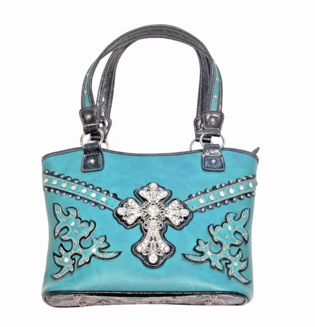 Western Handbag Concealed Carry Purse Shoulder Bag Teal Rhinestones Cross NWOT