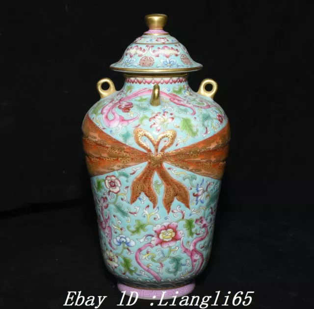 7.4''Qing Qianlong markierte Emaille Farbe Gold Drachendeckel Flasche Vase