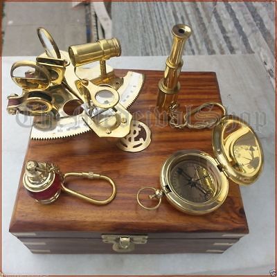 Vintage Maritime Compass/Telescope/Sextant W/Wooden Box Nautical Brass Gift Set