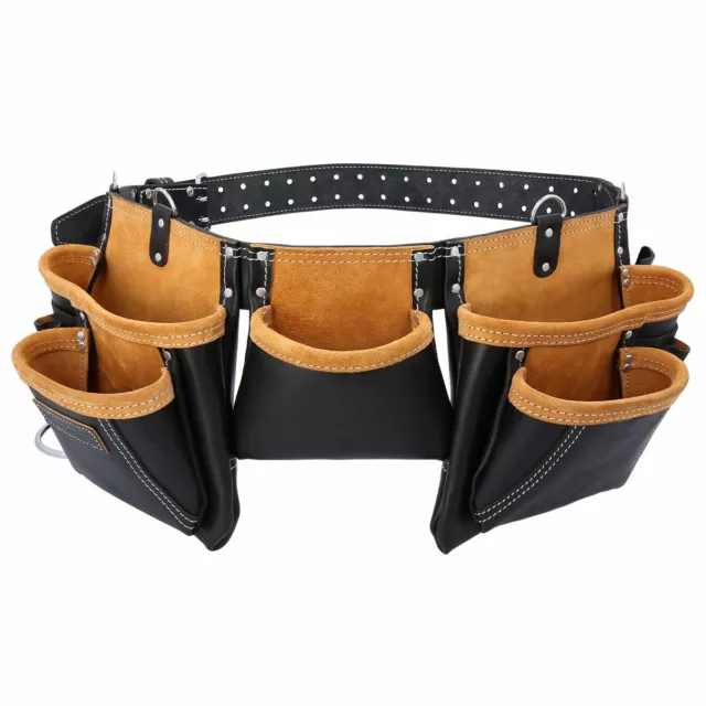 Leather Tool Belt 11 Pocket Black Suede Adjustable Builder Pouch