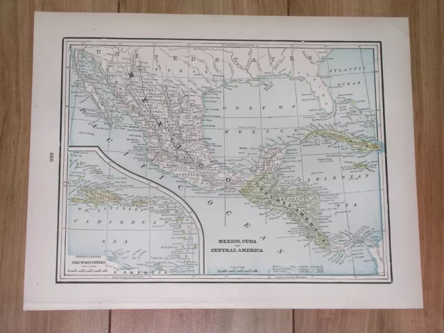 1896 Original Antique Map Of Mexico Central America Caribbean Puerto Rico