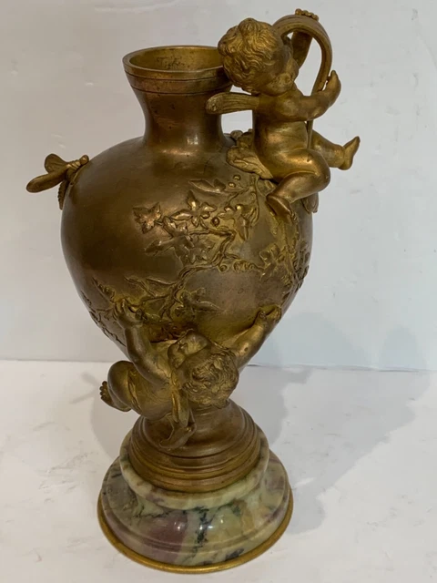 Signed Augusta Moreau 19thC bronze vase 9.5” 2 Putti Swing On Vines + Butterfly