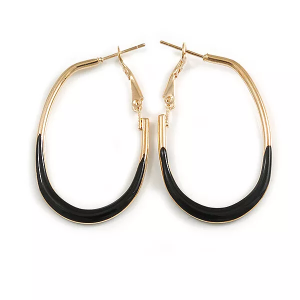 40mm Tall/ Gold Tone with Black Enamel Oval Hoop Earrings/ Medium Size