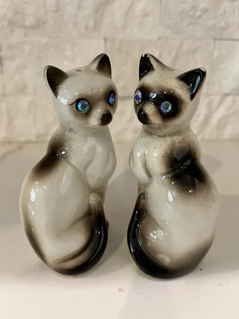 Vintage Siamese Cat Salt & Pepper Shakers Rhinestone Eyes Mid Century 3.75”