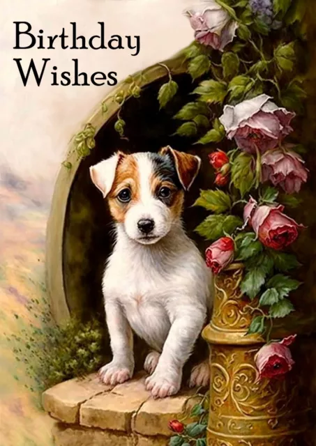 Jack Russell Terrier Cute Puppy Dog And Flowers Birthday Greetings Note Card