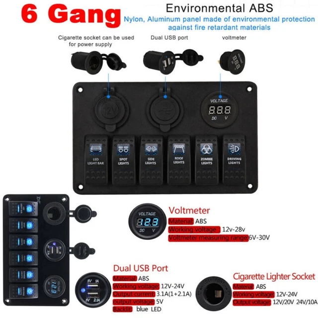 6 Gang Bouton Interrupteur On-Off Panneau 12V Rechange for Voiture SUV Marine Rv