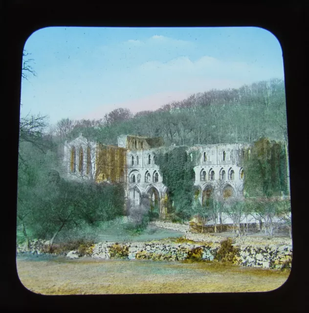 COLOUR JV Glass Magic lantern slide  RIEVAULX ABBEY C1900 NORTH YORKSHIRE