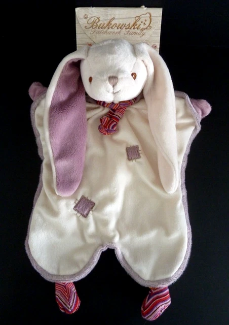 EB. DOUDOU MARIONNETTE BUKOWSKI LAPIN patchwork blanc mauve écharpe rayé - NEUF
