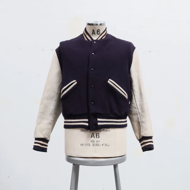 VINTAGE BLANK LEATHER Wool Letterman Varsity Jacket Made in USA Navy