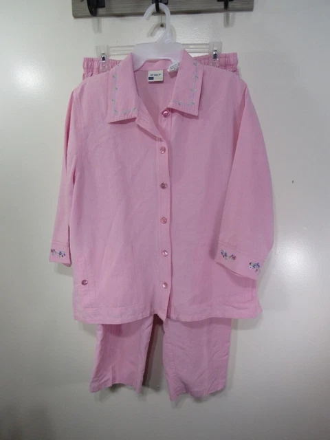 Womens Koret Petite 2 Piece Set Top Pants Size L Pink Floral Embroidery Buttons