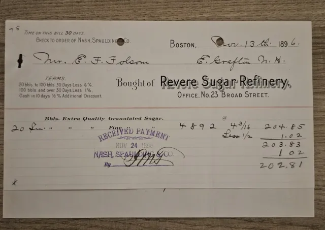 1896 Revere Sugar Refinery Billhead Receipt Boston, MA