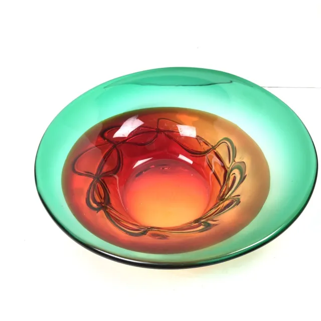 Tazón artístico de vidrio abstracto biomórfico decorativo verde y rojo texturizado multicolor