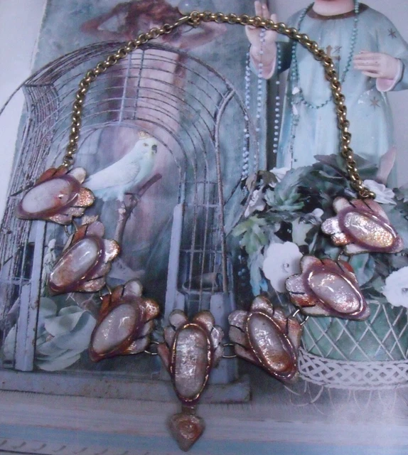 Collier Vintage émaillé Bleu/vert/argenté - Marque André Bazot, Bijou Ancien (Occasion)