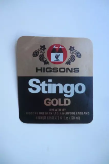 MINT HIGSONS BREWERY LIVERPOOL STINGO GOLD 6 fl oz BREWERY BEER BOTTLE LABEL