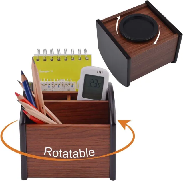Rotating Pen Holder Desk Wooden Office Stationery Organizer Remote Control Caddy