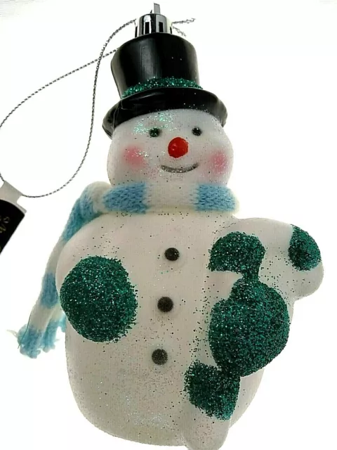 Snowman Hanging Christmas Tree Ornament Blue Scarf Glitter Bling Joyful Holiday