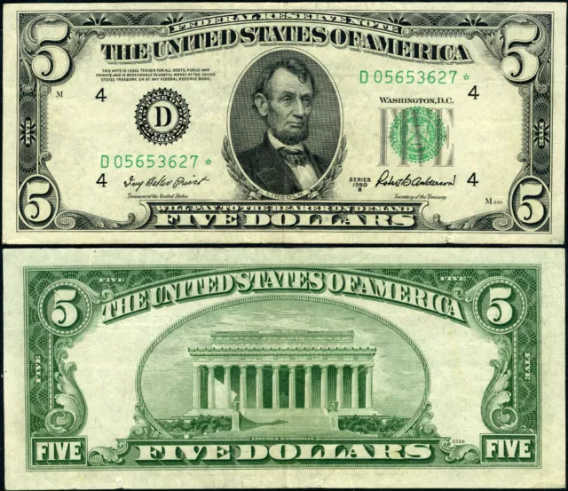 FR. 1963 D* $5 1950-B Federal Reserve Note D-* Block VF+ Star
