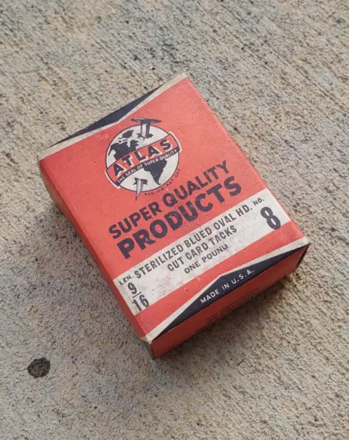 ATLAS 1 lb. Box (Full) 9/16 No. 8 Sterilized Blued Oval HD Cut Card Tacks NOS