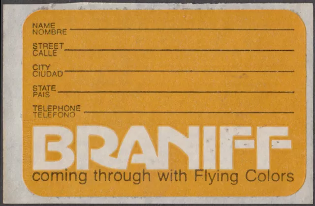 Braniff Airlines airline baggage ID sticker unused yellow Flying Colors 1975