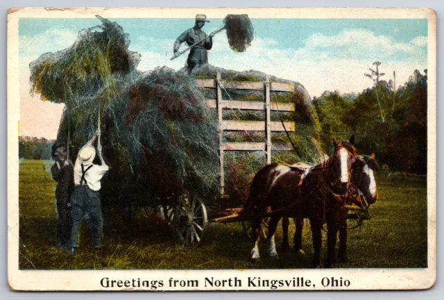 North Kingsville Ohio~Farming~Farmers Pitch Hay on Horse Drawn Wagon~1920s PC