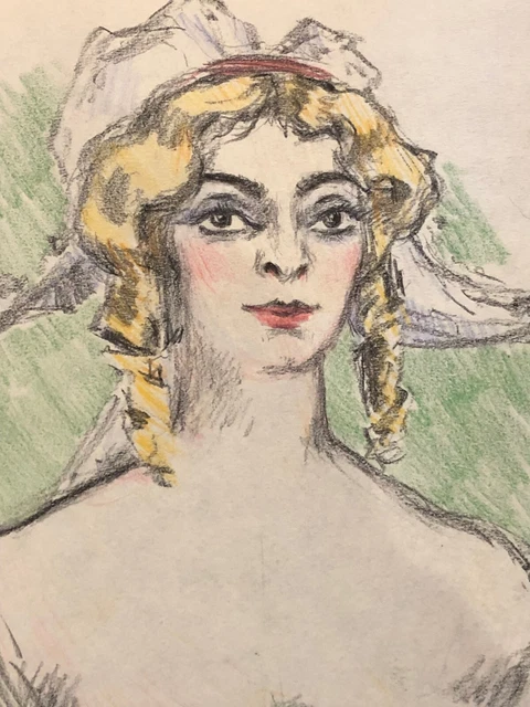ANCIEN DESSIN ORIGINAL au crayon signé Village Art Nouveau Artwork EUR