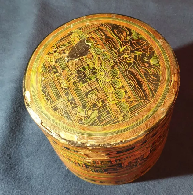 Burmese Asian Red Lacquer Hand Painted Betel Box RARE ANTIQUE 7 x 6 1/2 inches
