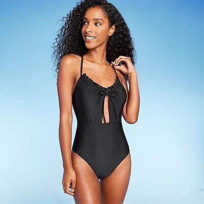 Women's Front Cut Out Ruffle Detail One Piece Swimsuit - Shade & Shore Black XL