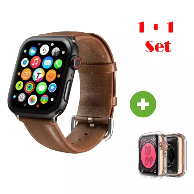 Für Apple Watch 0 - 3 LEDER Armband 42 mm Band Braun + Schutz Hülle Silikon TPU