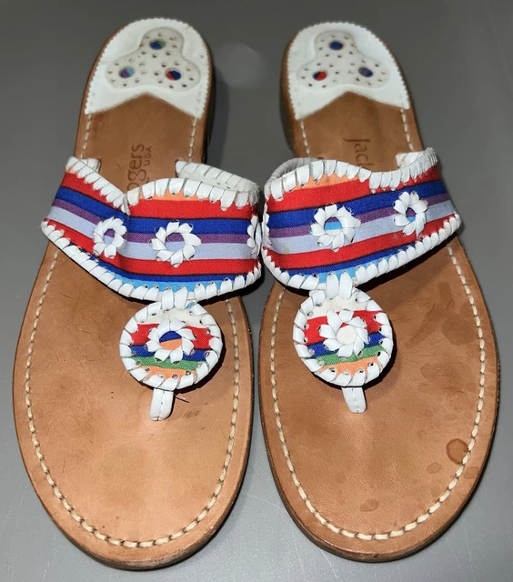 Jack Rogers white with rainbow eyelet lace up t-strap slide on sandals Size 10