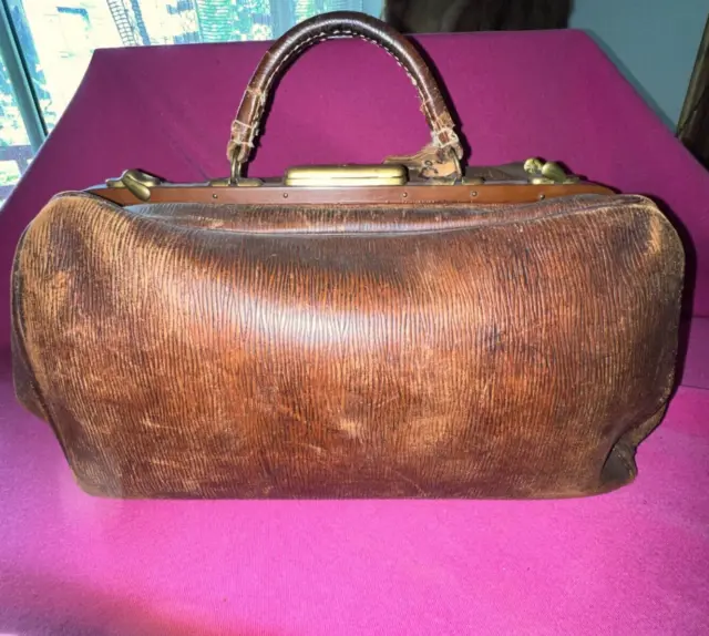 Antique Travel Bag or Doctor's Bag, Leather, 1900 Era