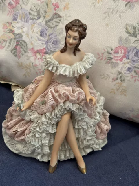 Vintage Dresden Lace Porcelain Figurine Lady Sitting on Bench .