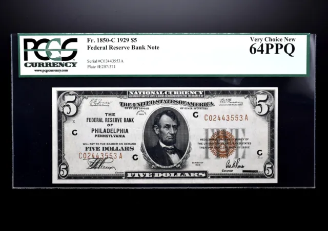 1929 $5 Federal Reserve National Note ✪ Pcgs 64-Ppq ✪ 1850-C Bank Phila◢Trusted◣