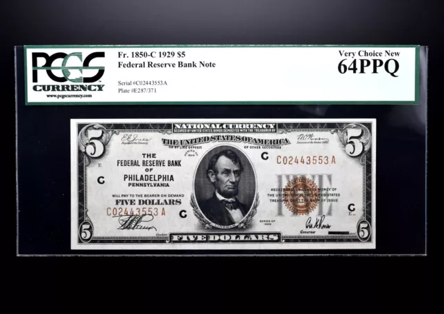 1929 $5 Federal Reserve National Note ✪ Pcgs 64-Ppq ✪ 1850-C Bank Phila◢Trusted◣