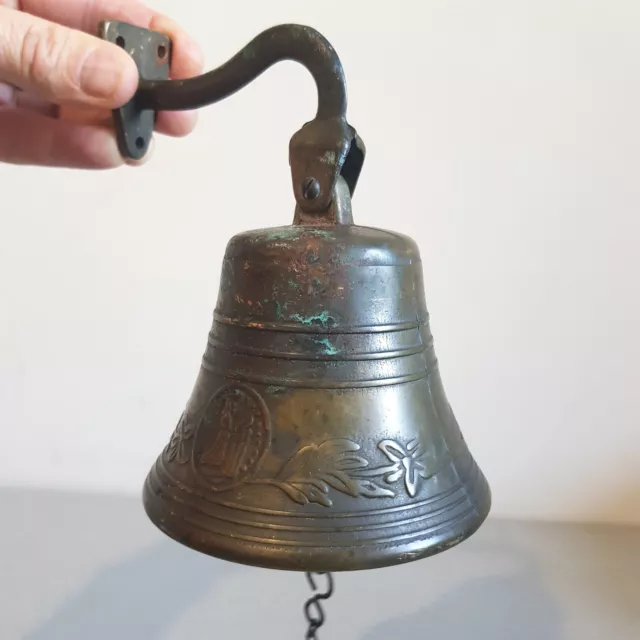 Antique Bell Solid Brass Wall Mounted Arts and Crafts Patina Vintage Retro