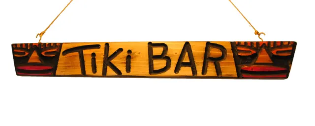Original Carved Wood 2 Masked Tiki Head Bar Sign - Tribal Surf Shack Decor