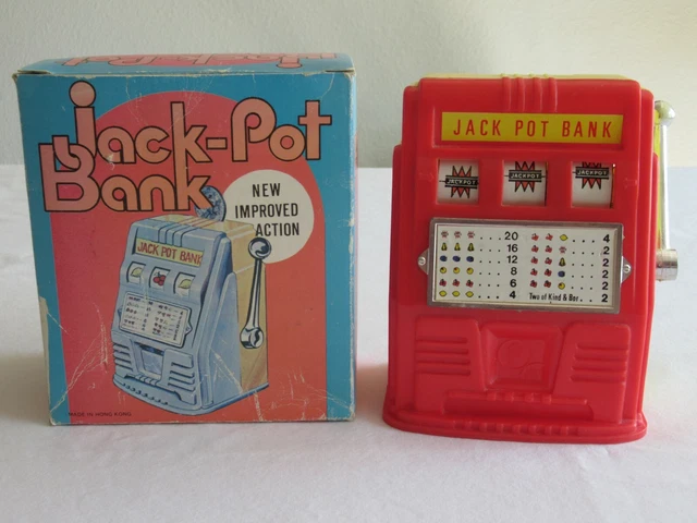 Vintage Red Yellow Plastic Slot Machine Jack Pot Piggy Coin Bank HongKong