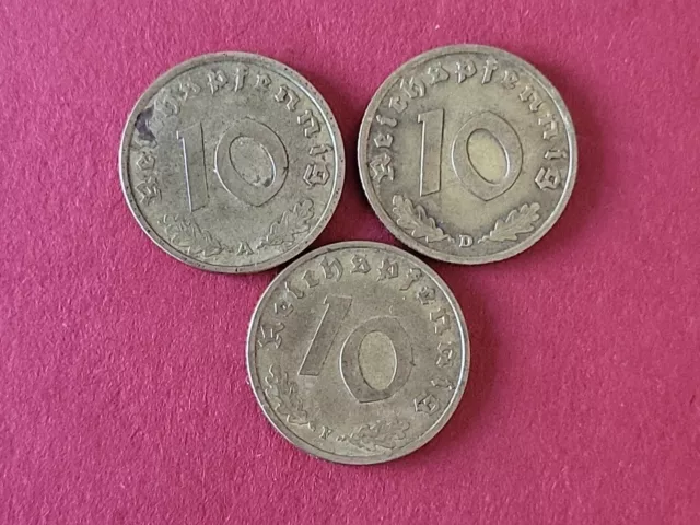 3. Reich: 3 Verschiedene 10 Pfennig Jahrgang  1937 (A,D,F) Jägernummer  364