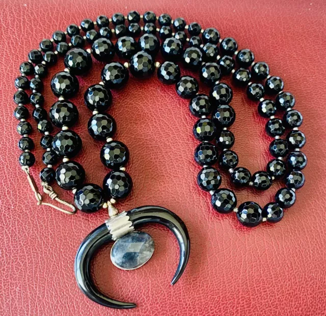 Chan Luu Black faceted Beaded with Horn Long Necklace 925 Silver!