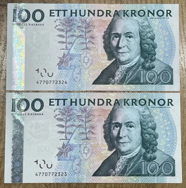 Sweden: 2 x 100 Kronor banknotes in UNCIRCULATED condition. SEK