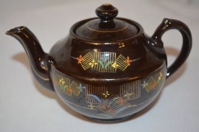 Vintage Small One Cup Redware Teapot Moriage MG Made Occupied Japan Brown Gold 2