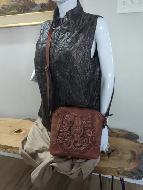 B.O.C Tooled Vegan Leather Crossbody Purse Brown Floral Bag Boho EUC