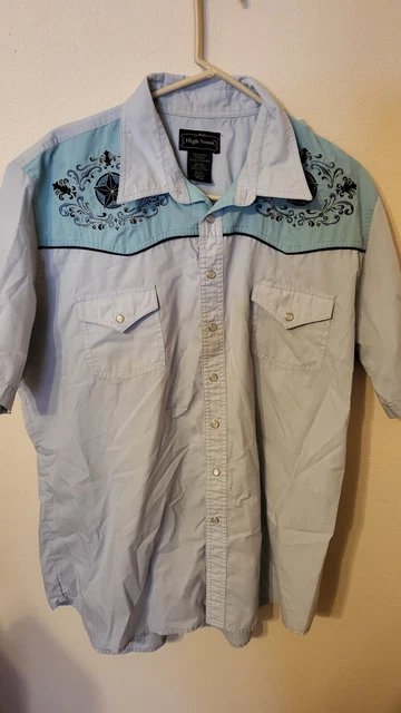 high noon mens western S sleeve shirt light blue embroidery star 2 pockets snaps