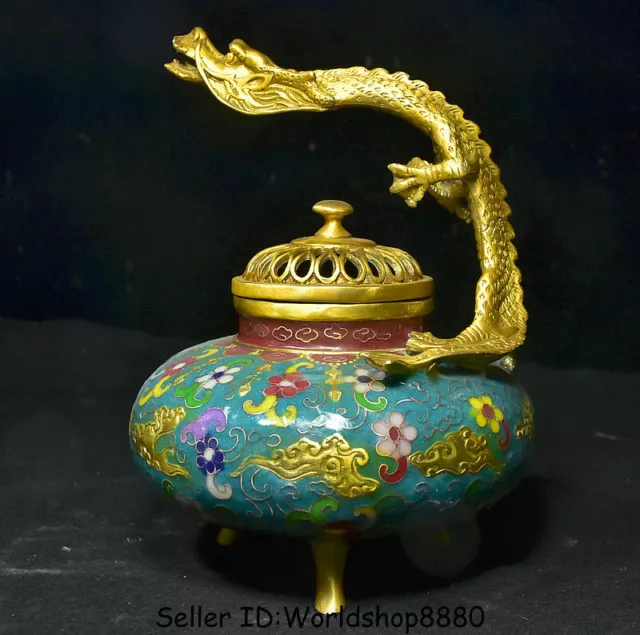 8.4" Qianlong Marked Old Cloisonne Enamel Copper Dynasty Dragon Incense Burner
