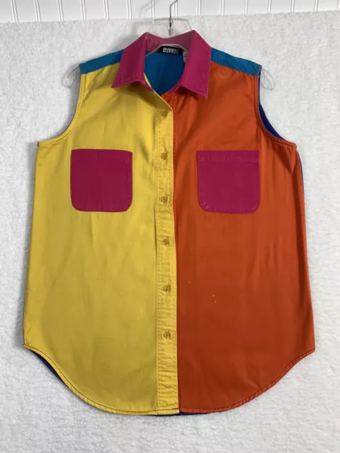 VTG 1980's Gitano Button Up Shirt Colorblock Pink Blue Yellow Size Large Cotton